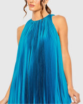 Blue Pleated Halter Neck Flowy Mini Trapeze Dress